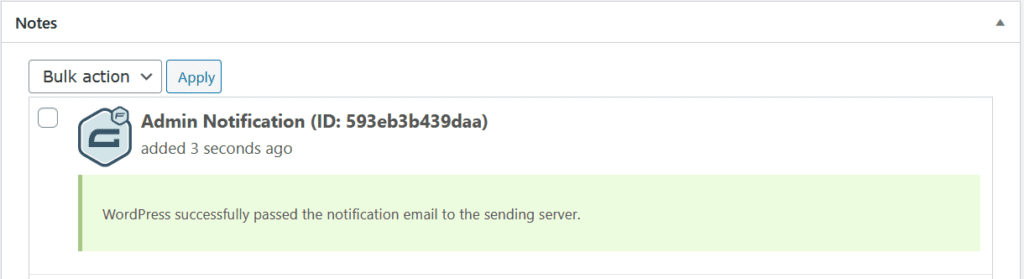 WordPress successfully passed the notification email to the sending server.