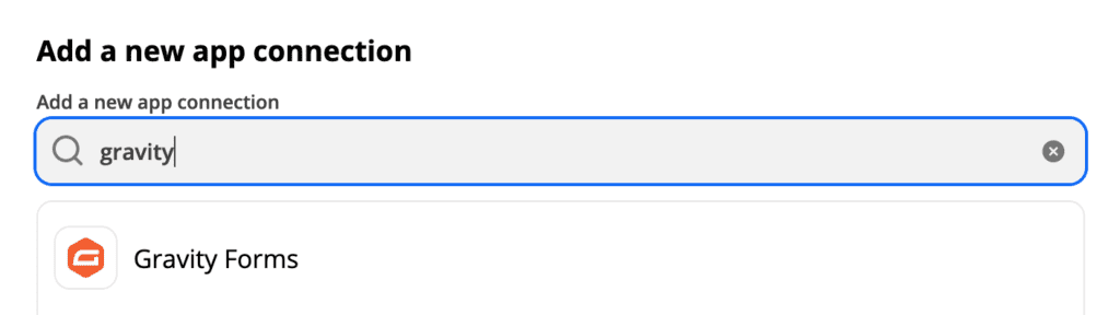 Add new app connection from Zapier showing Gravity Forms App